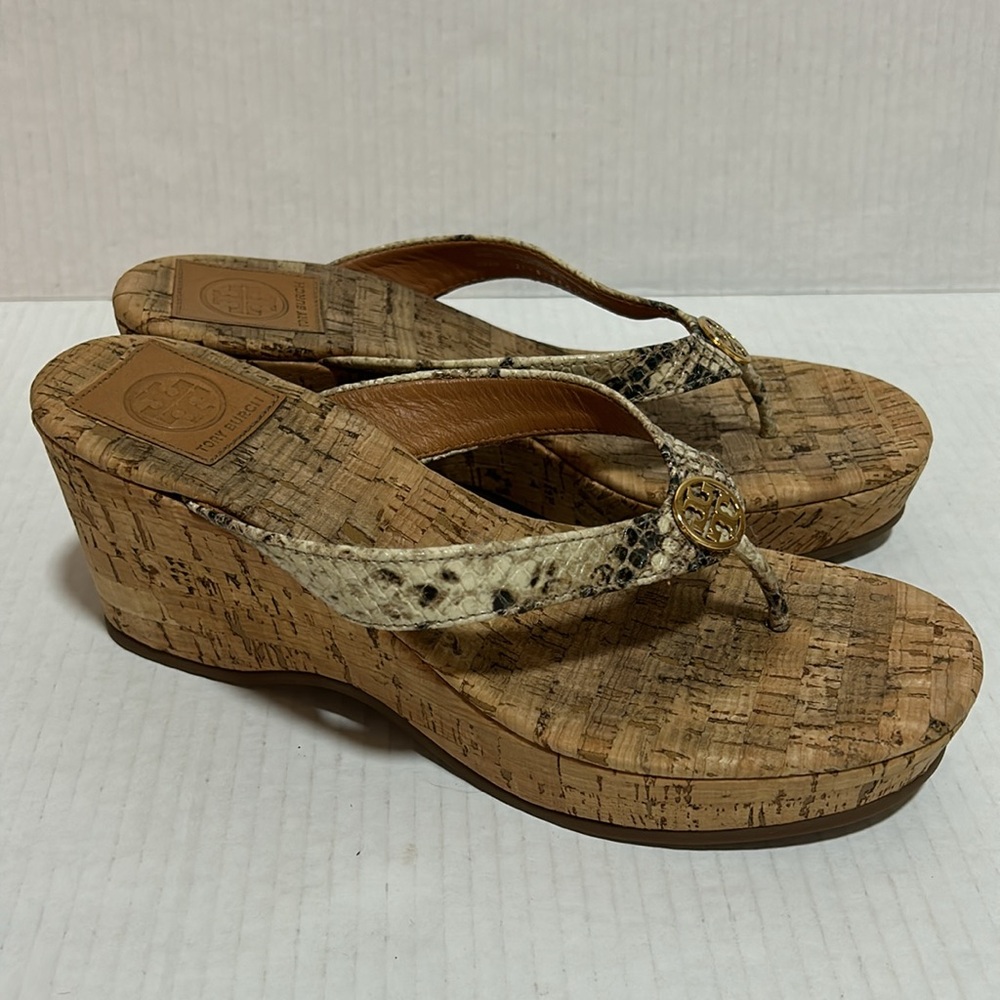 Tory Burch Suzy Sandals Snakeskin Cork Platform Wedge Leather - Size 7.5 - Picture 3 of 11
